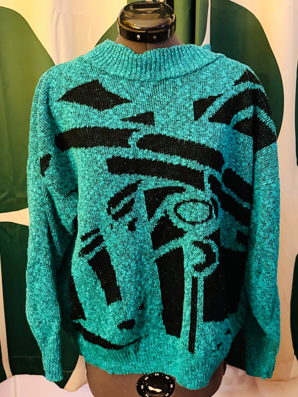 Teal and Black Abstract Knit Sweater